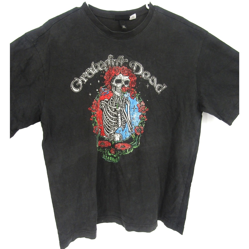 H&M Grateful Dead T-Shirt Mens Medium Black Relaxed Fit Skeleton Roses Graphic